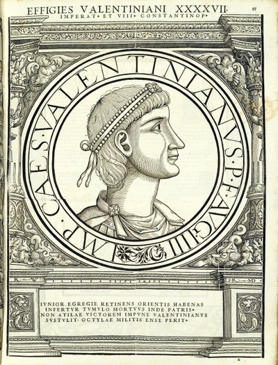 Valentiniano III, illustrazione da Imperatorum romanorum omnium orientalium et occidentalium verissimae imagines ex antiquis numismatis, xilografia di Rudolph Wyssenbach, stampata da Andreas Gesner, Zurigo da Hans Rudolf Manuel Deutsch